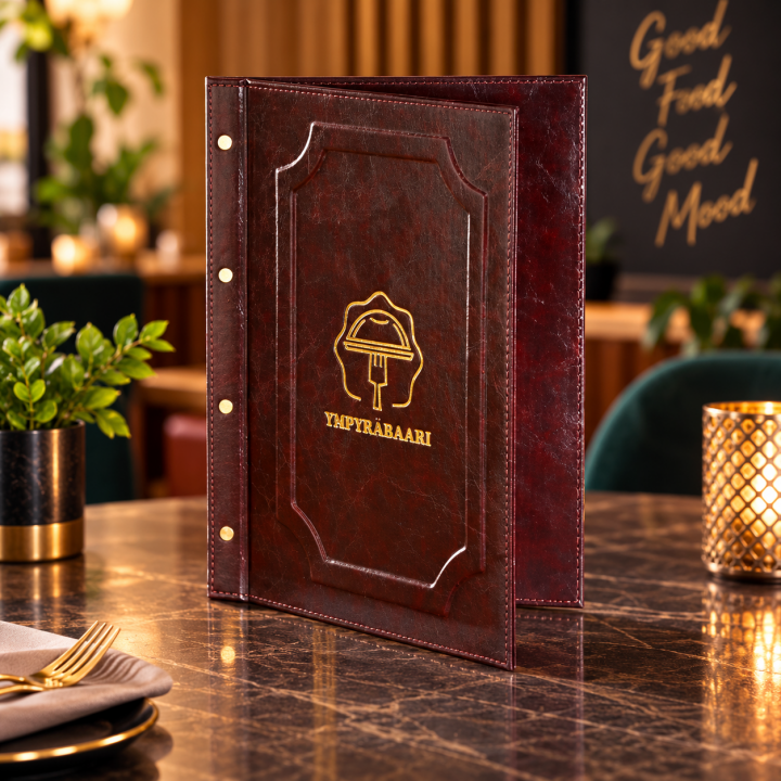 Çerçeveli Vidalı Logo Baskılı Deri Restoran Menü Kabı